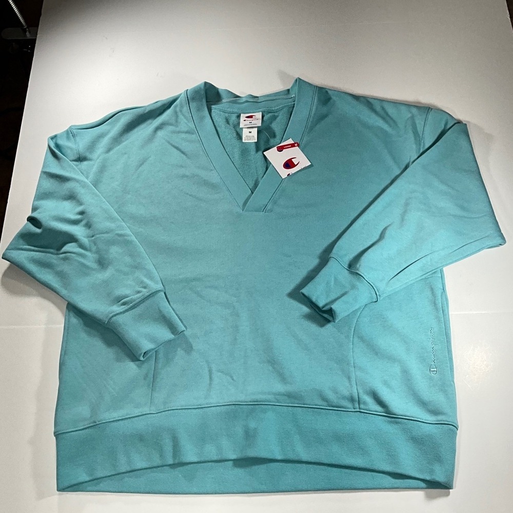 Champion Womens V-Neck Sweatshirt Teal Blue Loose Fit Fleece Pullover SF40 M
